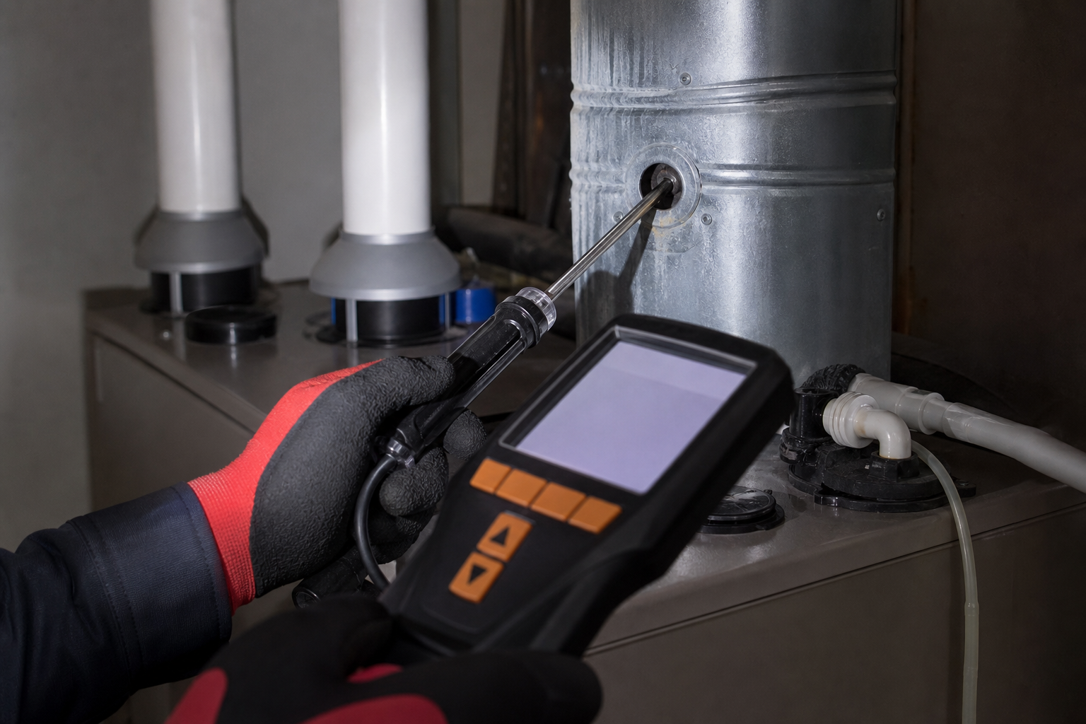 Combustion analyzer probe inserted into a furnace flue pipe during a safety test
