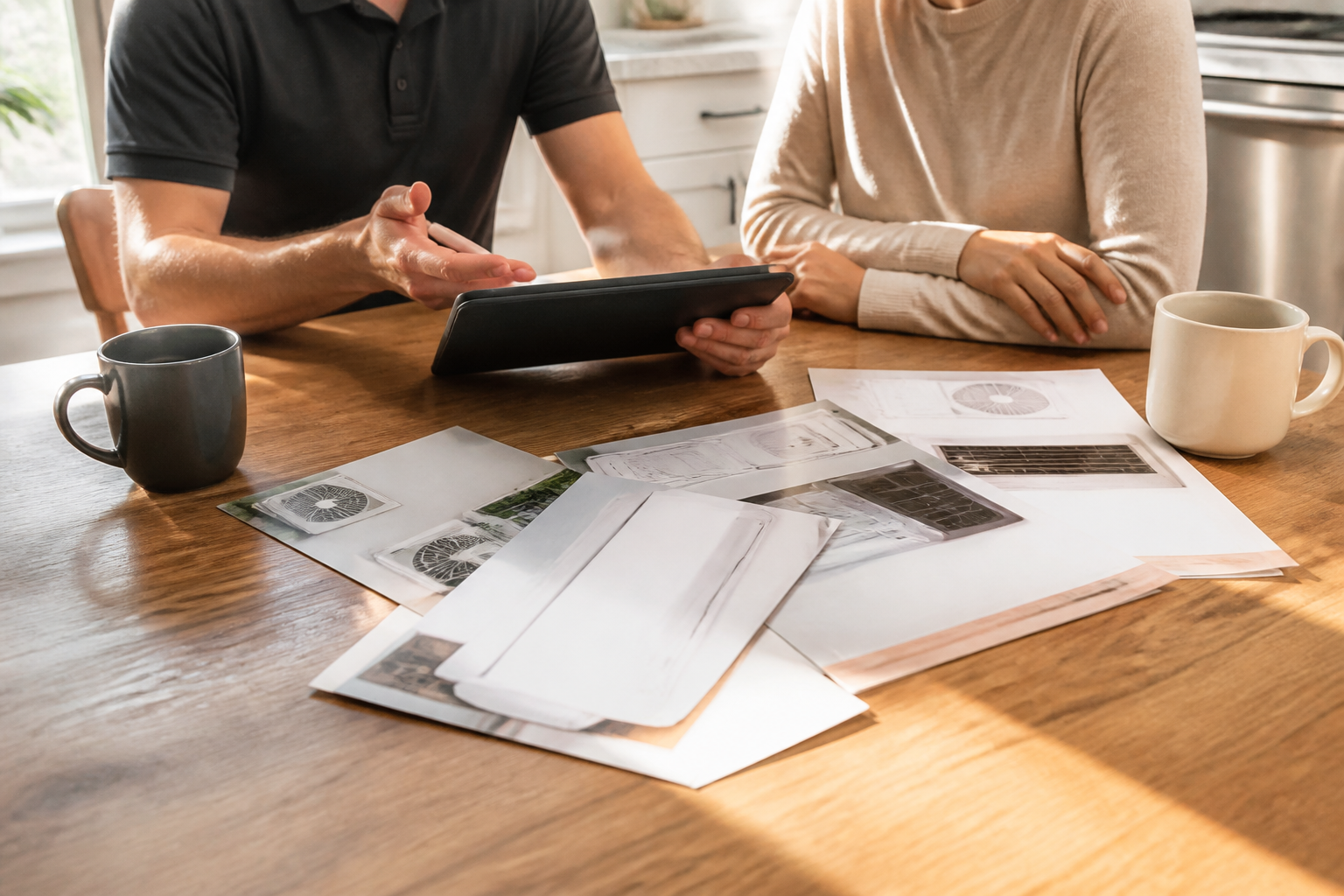 Beebe comfort consultant reviewing HVAC options with a homeowner at their kitchen table