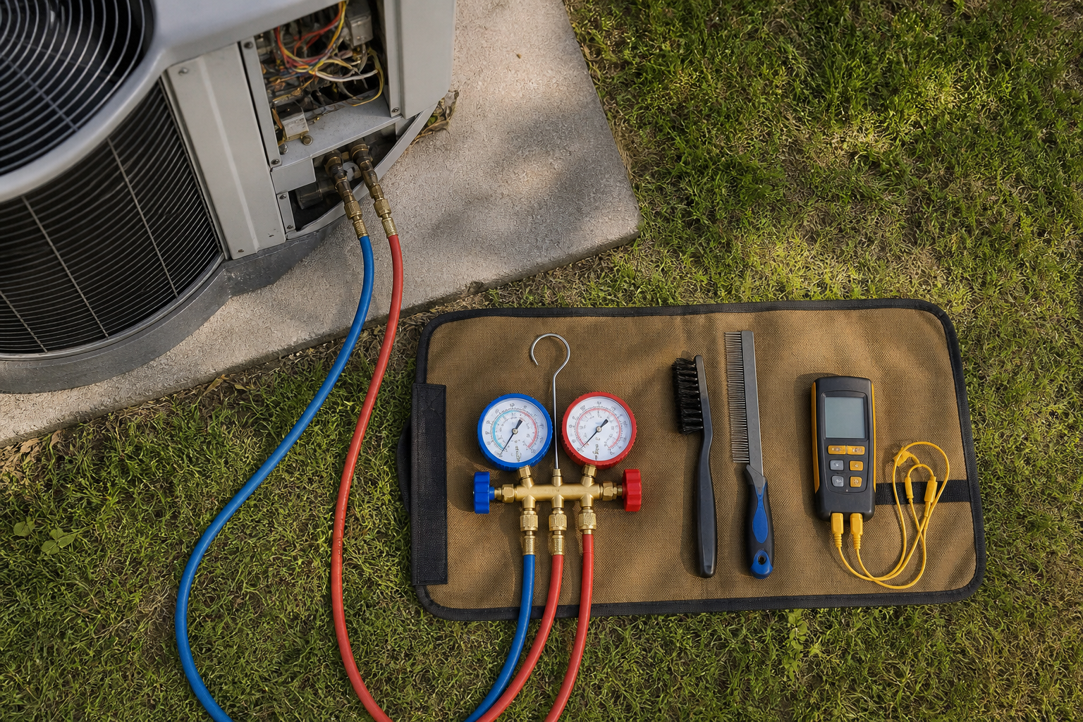 Refrigerant gauges and hand tools laid out during an air conditioner tune-up