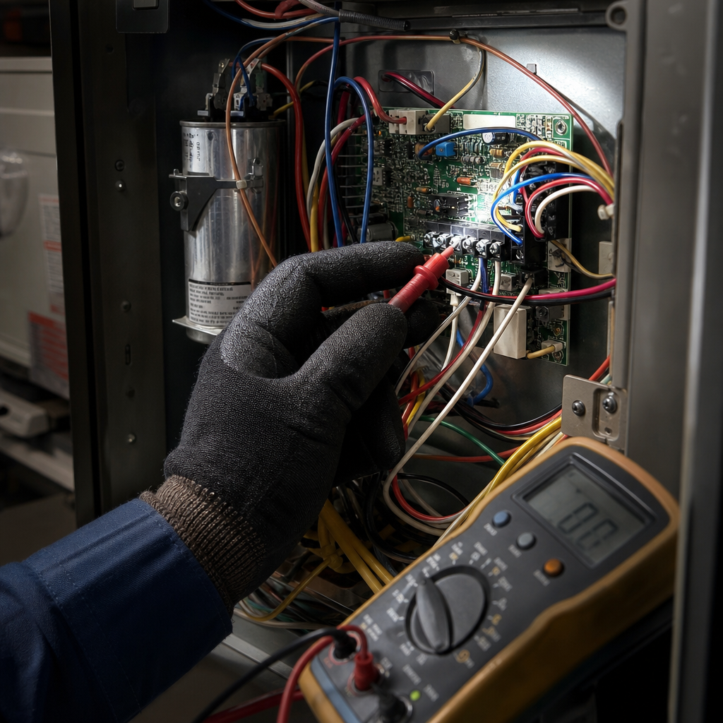 Beebe technician diagnosing a furnace control board with a multimeter